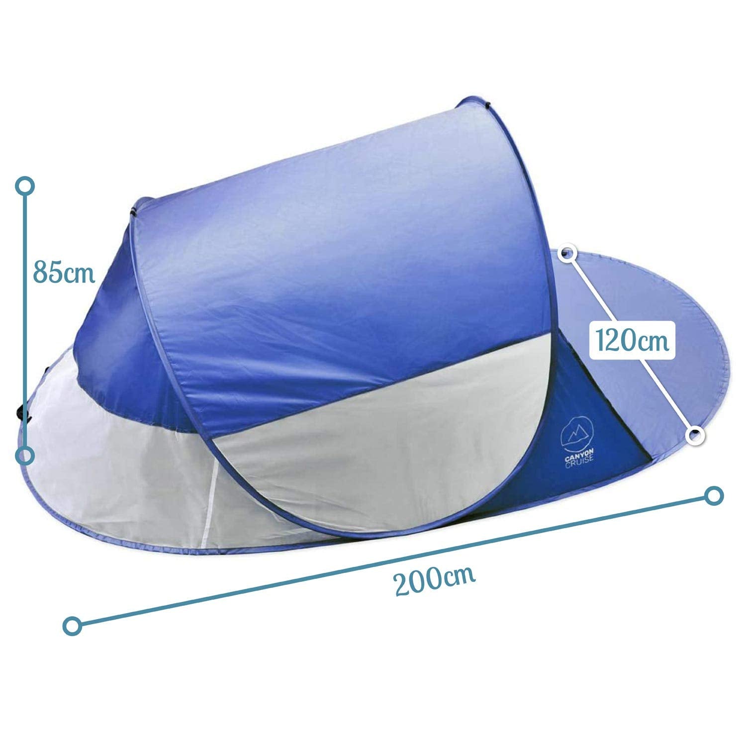 CANYON CRUISE Strandmuschel Pop Up – UV-Schutz SPF 30+, Windschutz, selbstaufbauend, 200x120x85 cm