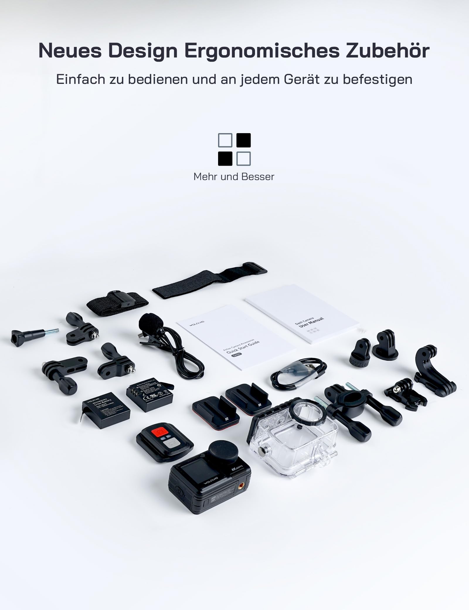 WOLFANG GA420 Action Cam 4K 60FPS Unterwasserkamera WiFi 10M Wasserdicht ohne Gehäuse 3.0 EIS Bildstabilisator Dual Screen Helmkamera (Externem Mikrofon, 2x1350mAh Akkus und Zubehör Kit)
