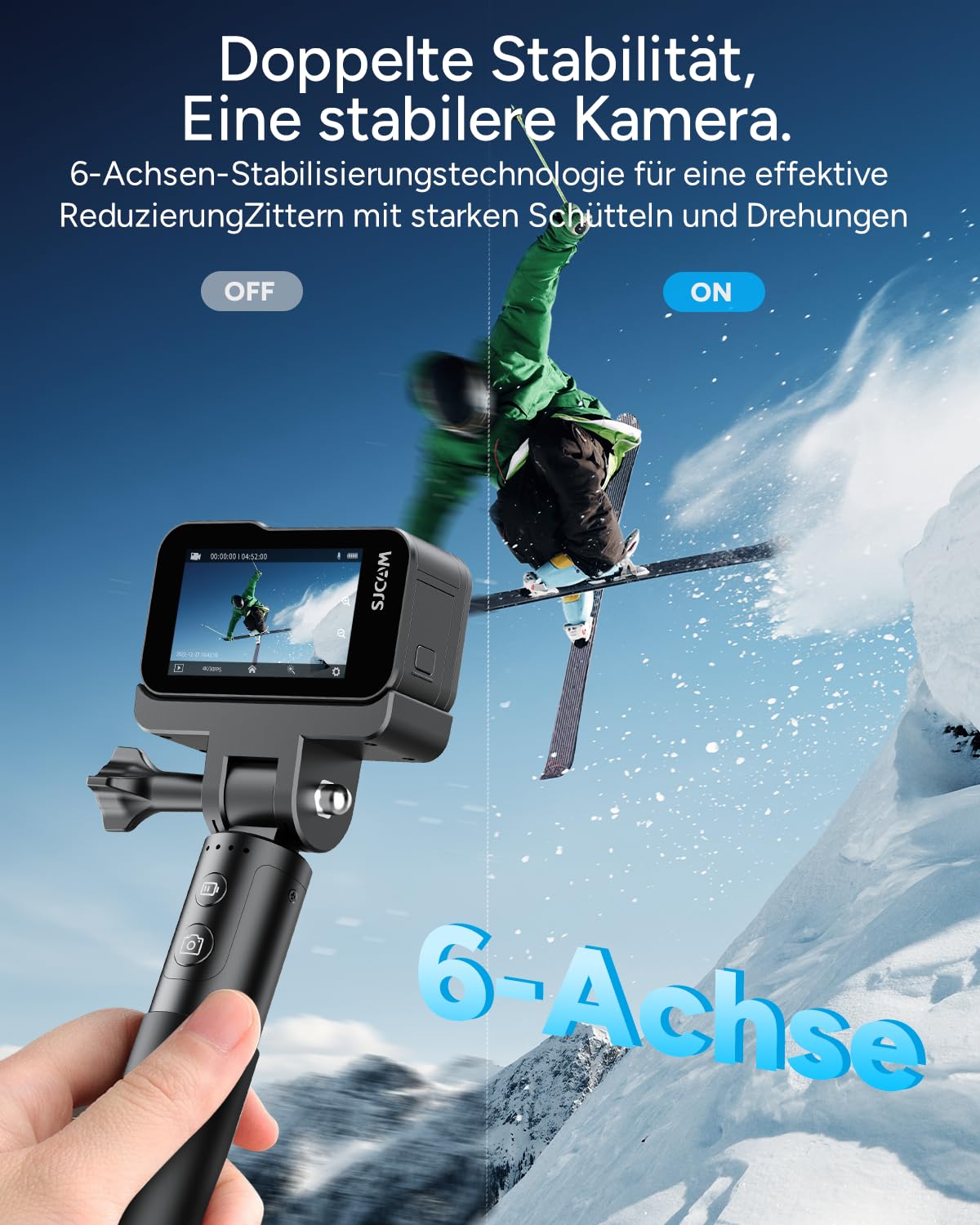 SJCAM SJ20 Action Kamera 4K – Dual-Lens 4K Sportkamera mit 8H Selfie-Stick, Supernachtmodus, Magnet-Halterung, HDR, 8X Zoom, Unterwasserkamera für Reisen, Motorrad & Outdoor