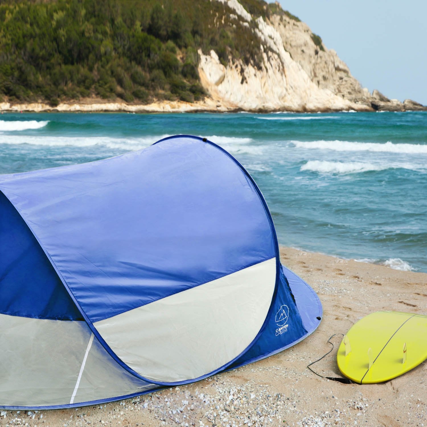 CANYON CRUISE Strandmuschel Pop Up – UV-Schutz SPF 30+, Windschutz, selbstaufbauend, 200x120x85 cm