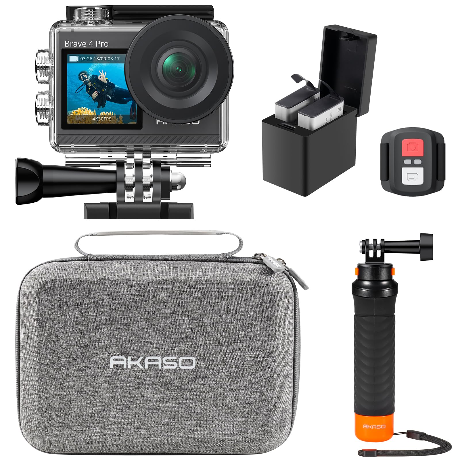 AKASO Brave 4 Pro Action Cam 4K30FPS 20MP mit Schwimmender Handgriff und Tasche 40M Unterwasserkamera Ultra HD Touchscreen 170 ° Weitwinkel, EIS Stabilisierung, 5X Zoom, 2.4G Fernbedienung und 2 Akkus