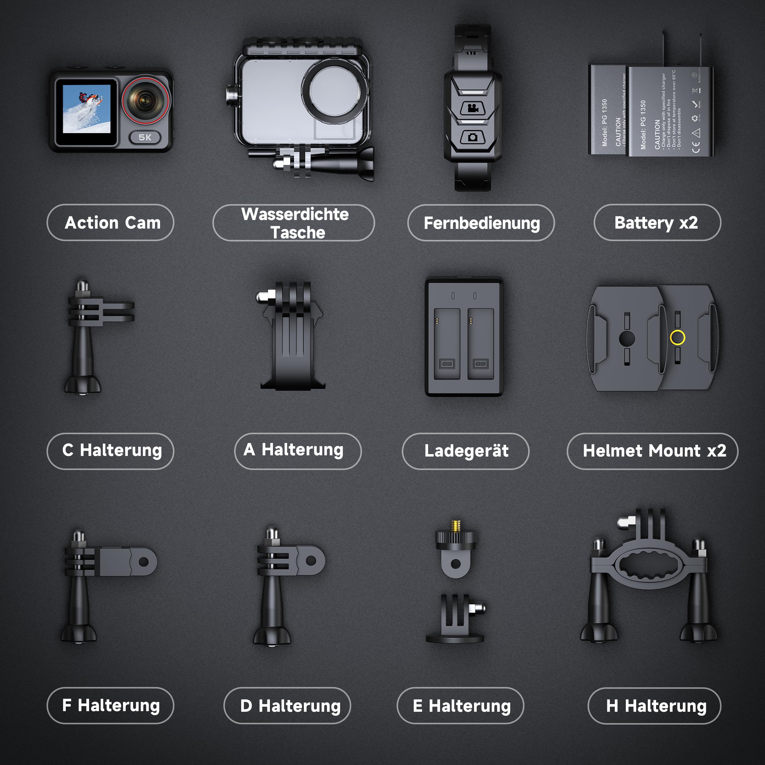 syndesmos Wasserdicht Action Cam 5K 30FPS, Dual-Touchscreen, 64MP Ultra HD-Unterwasserkamera, EIS Anti-Shake Outdoor Vlog Kamera, IMX386 12MP Sensor, 1350 mAh, 64 GB Karte, Fernbedienung und Kit