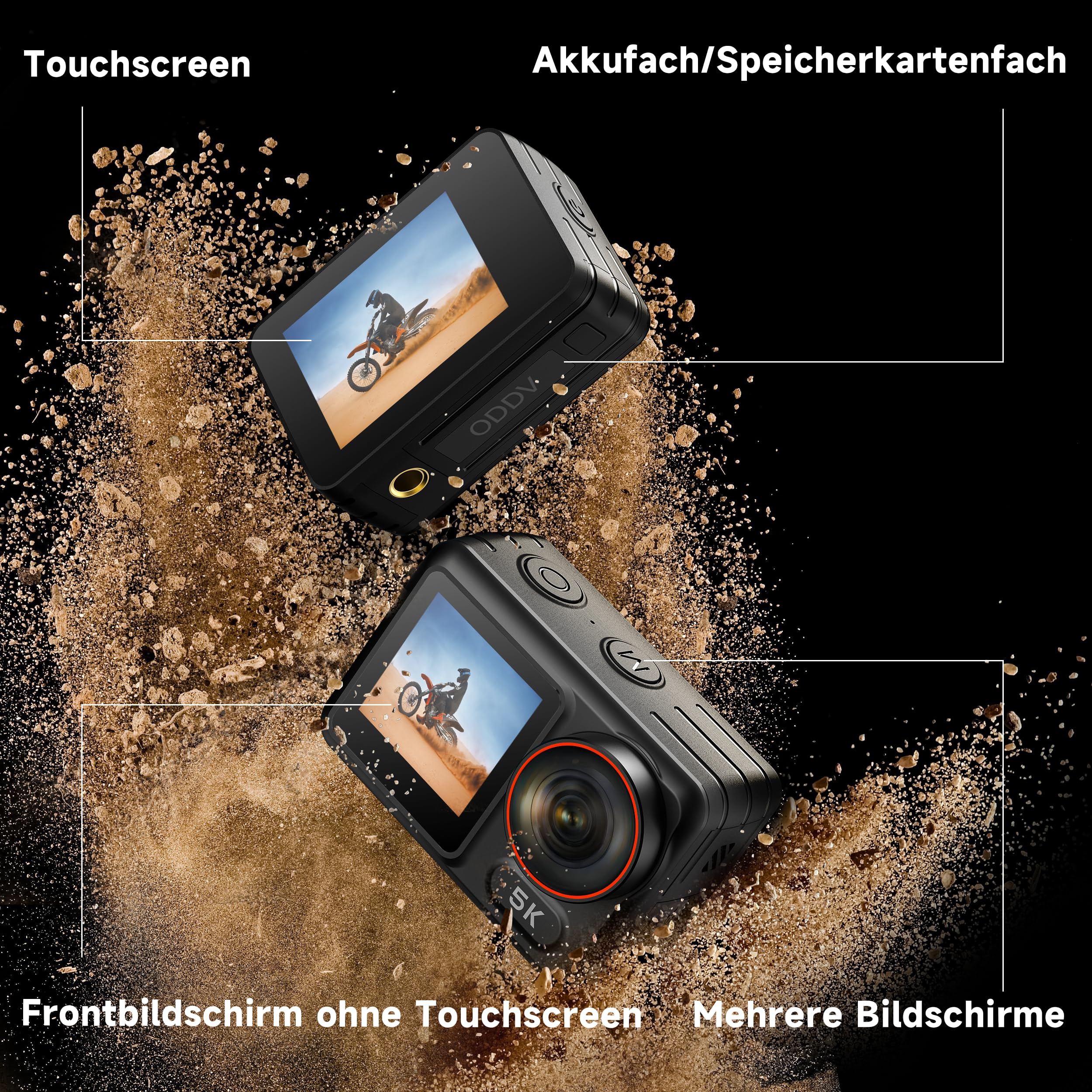 syndesmos Wasserdicht Action Cam 5K 30FPS, Dual-Touchscreen, 64MP Ultra HD-Unterwasserkamera, EIS Anti-Shake Outdoor Vlog Kamera, IMX386 12MP Sensor, 1350 mAh, 64 GB Karte, Fernbedienung und Kit