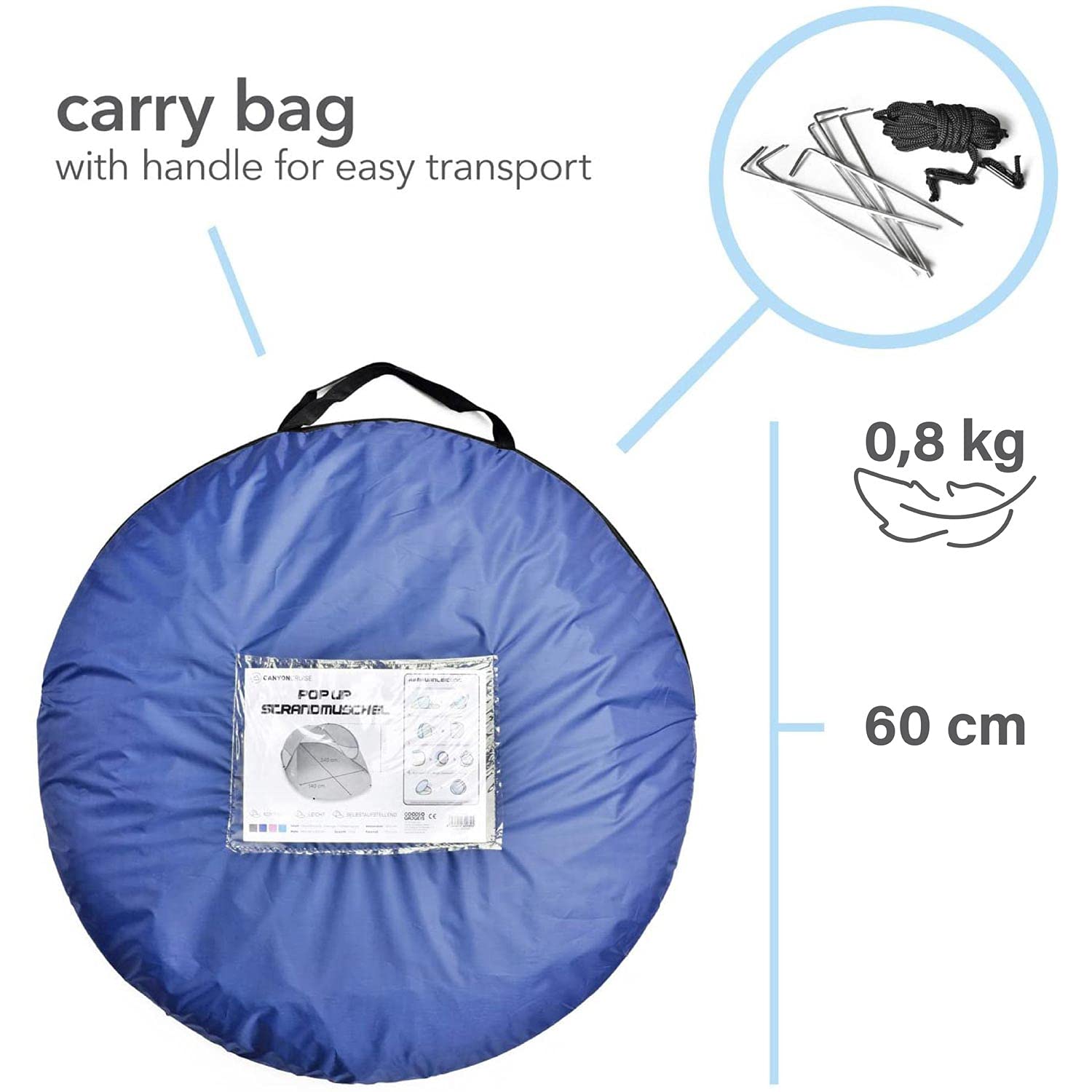CANYON CRUISE Strandmuschel Pop Up – UV-Schutz SPF 30+, Windschutz, selbstaufbauend, 200x120x85 cm