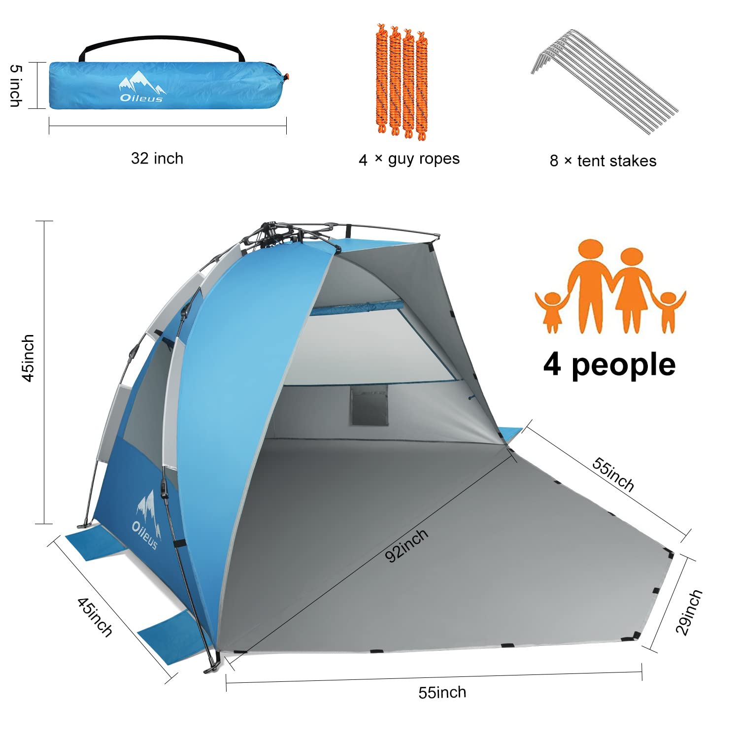 Oileus Strandzelt 4 Personen XL Pop-Up UV-Schutz Sonnenschutz mit Tragetasche & Windschutz