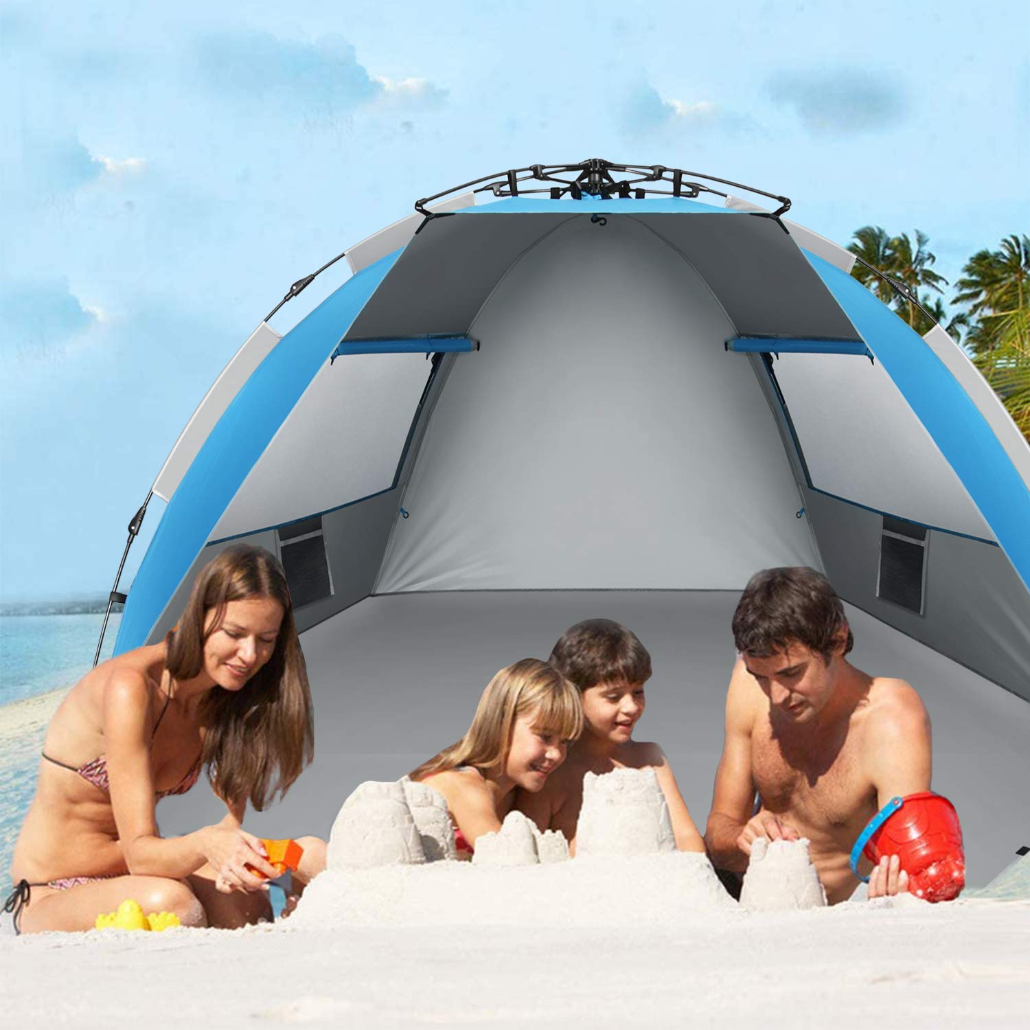 Oileus Strandzelt 4 Personen XL Pop-Up UV-Schutz Sonnenschutz mit Tragetasche & Windschutz