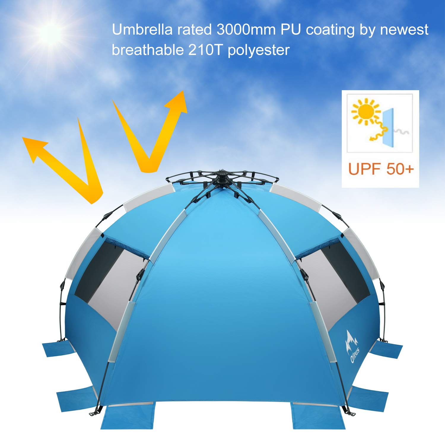 Oileus Strandzelt 4 Personen XL Pop-Up UV-Schutz Sonnenschutz mit Tragetasche & Windschutz