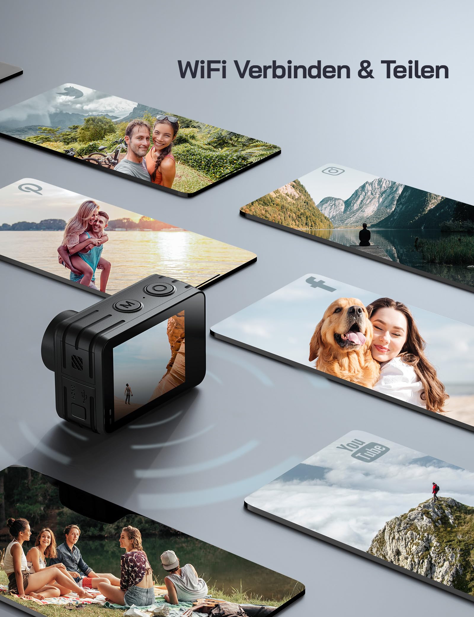 WOLFANG GA420 Action Cam 4K 60FPS Unterwasserkamera WiFi 10M Wasserdicht ohne Gehäuse 3.0 EIS Bildstabilisator Dual Screen Helmkamera (Externem Mikrofon, 2x1350mAh Akkus und Zubehör Kit)