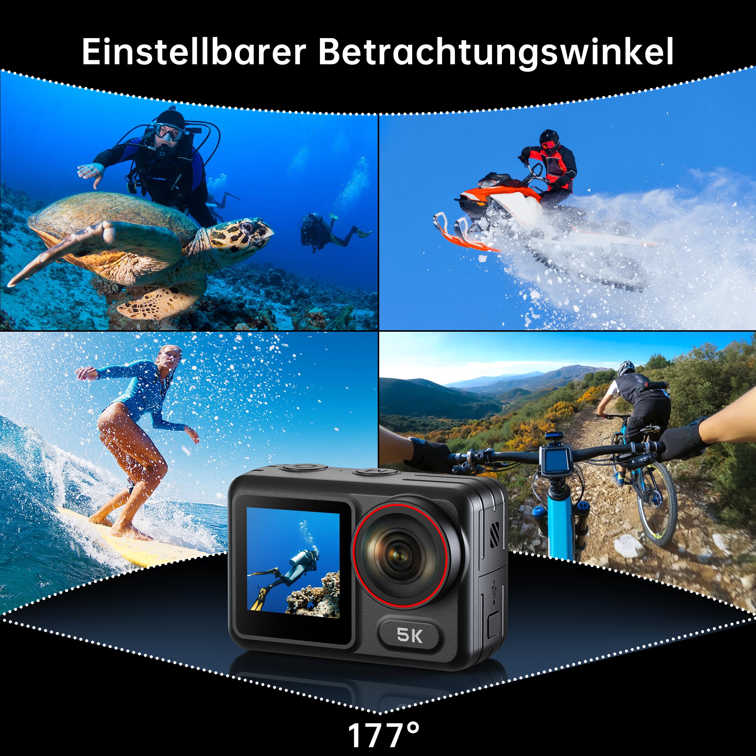 syndesmos Wasserdicht Action Cam 5K 30FPS, Dual-Touchscreen, 64MP Ultra HD-Unterwasserkamera, EIS Anti-Shake Outdoor Vlog Kamera, IMX386 12MP Sensor, 1350 mAh, 64 GB Karte, Fernbedienung und Kit